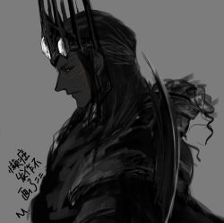 1boy black_hair closed_mouth crown gem japanese_text long_hair male_focus morgoth morphym profile red_eyes solo the_silmarillion tolkien&#039;s_legendarium upper_body