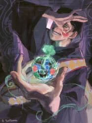 black_sclera colored_sclera ekubo_(mob_psycho_100) fingernails green_eyes grin highres looking_at_viewer mob_psycho_100 parted_lips possessed red_eyes smile spirit teeth tuxiren yoshioka_mamoru