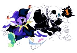 1other 2boys blue_eyes blue_skin colored_skin colored_teeth commentary creature deltarune english_commentary eram_(deltarune) glowing glowing_eye green_shoes grin hat highres hollow_eyes hood jacket jester_cap jevil mantle multiple_boys open_mouth playcenter pointy_ears sans_(undertale) sharp_teeth shoes shrugging skeleton smile tail teeth yellow_teeth