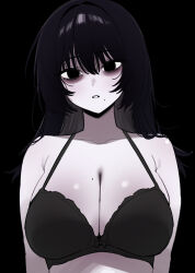 1girl bags_under_eyes black_background black_bra black_eyes black_hair bra breasts cleavage empty_eyes hair_between_eyes highres large_breasts long_hair looking_at_viewer lower_eyelashes_only mole mole_on_breast mole_under_mouth original pale_skin simple_background siribang1215 solo underwear underwear_only upper_body