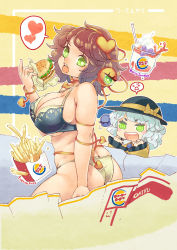 2girls blush_stickers bra breasts brown_hair burger_king cleavage eyeball food french_fries green_eyes green_hair hairband burger heart highres komeiji_koishi komeiji_satori large_breasts long_sleeves looking_at_viewer looking_back multiple_girls open_mouth panties plump short_hair siblings sisters string third_eye touhou tsuutenkaaku underwear