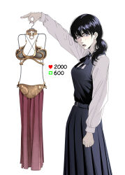 1girl absurdres bikini black_hair chainsaw_man clothes_hanger commentary dress english_commentary fourth_east_high_school_uniform highres holding holding_clothes_hanger kusujinn like_and_retweet long_hair mitaka_asa nervous nervous_sweating pinafore_dress school_uniform sleeveless sleeveless_dress solo sweat swimsuit unworn_bikini white_background