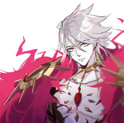 Rule 34 | 1boy, aqua eyes, chest jewel, chromatic aberration, collar, commentary, earrings, fate/grand order, fate (series), gem, gold collar, jewelry, karna (fate), looking to the side, looking up, male focus, rayrayray003, red gemstone, short hair, single earring, solo, spiked collar, spiked pauldrons, spikes, symbol-only commentary, upper body, white background, white hair