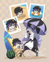 &gt;_&lt; 2girls absurdres belle_(summer_skies)_(zenless_zone_zero) belle_(zenless_zone_zero) black_boots black_pantyhose blue_hair boots camera chibi crossed_bangs drinking drooling green_eyes highres holding holding_camera holding_umbrella long_hair multiple_girls ooyun open_mouth pantyhose photo_(object) purple_hair simple_background sitting smile twitter_username umbrella v very_long_hair vivian_banshee zenless_zone_zero