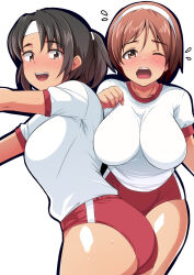 2girls ass black_hair blush breasts brown_eyes brown_hair buruma gym_shirt gym_uniform hairband headband highres kantai_collection large_breasts multiple_girls nagara_(kancolle) natori_(kancolle) nose_blush one_side_up red_buruma running shirt short_hair simple_background t-shirt tirasi_(so) white_background white_hairband white_headband white_shirt