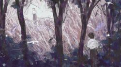 2boys bird black_hair black_pants bush collared_shirt faux_traditional_media field forest highres hj_hikari0606 ikari_shinji impressionism multiple_boys nagisa_kaworu nature neon_genesis_evangelion origami outdoors painterly pants paper_crane scenery shirt short_hair short_sleeves star_(symbol) tree white_hair white_shirt