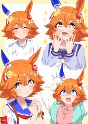+_+ 1girl absurdres animal_ears backpack bag blush breasts casual closed_mouth collarbone commentary_request gloom_(expression) hair_between_eyes hair_ornament highres horse_ears horse_girl looking_at_viewer maneki-neko matikanefukukitaru_(umamusume) multiple_views nerukichikatafukuma open_mouth orange_eyes orange_hair portrait race_bib school_uniform smile sweatdrop tracen_school_uniform umamusume