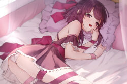 1girl :d ass blunt_bangs blurry blush commission depth_of_field dress fallenshadow fallenshadow_(1st_costume) highres hiwokawa indie_virtual_youtuber leg_ribbon looking_at_viewer lying non-web_source on_bed on_side open_mouth panties purple_dress purple_eyes purple_hair ribbon short_hair smile solo third-party_edit underwear virtual_youtuber white_panties