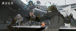 Rule 34 | 1boy, 2girls, :o, black gloves, blue hair, boots, brown coat, cape, coat, coat on shoulders, copyright name, dress, ferrofluid, fish, fish tank, fishbowl helmet, full body, gloves, green cape, green eyes, green necktie, grey boots, hair over one eye, hands up, heel up, highres, hissabeth, indoors, jacket, jumpsuit, leg up, logo, long hair, looking at another, looking at viewer, magic, microphone, multiple girls, necktie, nixie tube, object head, official art, on table, outstretched arms, paper, purple eyes, reverse:1999, shirt, short dress, sleeveless, sleeveless dress, smile, snake, snake on head, spaghetti strap, spilling, spread arms, standing, standing on one leg, table, ulrich (reverse:1999), upper body, water drop, white hair, white jacket, white jumpsuit, white shirt, windsong (reverse:1999)