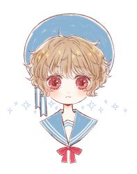 1boy blue_bonnet blue_ribbon blue_sailor_collar bonnet bow bowtie brown_hair character_request closed_mouth commentary cropped_shoulders dot_nose eleanor_(ohmyeleanor) eyelashes hair_between_eyes hat hat_ribbon light_blush light_frown male_focus pocket_mirror red_bow red_bowtie red_eyes ribbon sailor_collar sailor_shirt shirt short_hair simple_background single_stripe solo sparkle sparkling_eyes straight-on striped_ribbon white_background white_shirt