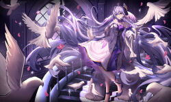 1girl absurdly_long_hair absurdres aichinaigai bare_shoulders bird breasts detached_sleeves dress falling_petals feathered_wings flower full_body gloves green_eyes hand_on_own_chest head_wings high_heels highres honkai:_star_rail honkai_(series) indoors jewelry long_hair looking_at_viewer medium_breasts open_mouth petals purple_dress purple_hair robin_(honkai:_star_rail) single_hair_intake solo sparkle stairs standing very_long_hair white_dress white_gloves window wings