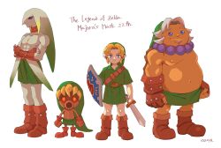 4boys deku deku_link esuyaaa12 goron goron_link green_tunic highres hylian_shield link multiple_boys nintendo pointy_ears shield the_legend_of_zelda the_legend_of_zelda:_majora&#039;s_mask tunic zora zora_link