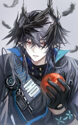 1boy absurdres apple arknights black_feathers black_gloves chinese_commentary clothes_writing commentary_request crossed_bangs feathers food fruit gloves grey_background grey_hair hair_between_eyes highres holding holding_food holding_fruit infection_monitor_(arknights) logos_(arknights) long_hair looking_at_viewer male_focus parted_lips red_eyes simple_background solo upper_body xuan_xuan_xuan_za