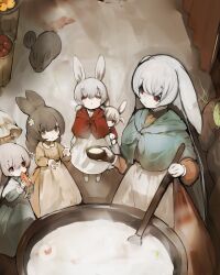 5girls absurdres animal_ears apron bowl brown_eyes brown_hair carrot commentary cooking dress eating flower hair_flower hair_ornament highres holding holding_bowl holding_carrot long_sleeves looking_at_another multiple_girls original rabbit rabbit_ears rabbit_girl red_eyes shirokujira standing waist_apron white_hair