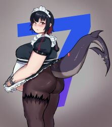 1girl absurdres alternate_body_size ass big_belly black_hair black_pantyhose black_shirt black_skirt blush breasts colored_tips commentary ellen_joe english_commentary fat fat_woman fins fish_tail from_side grey_background hair_behind_ear highres kirachromova large_breasts looking_to_the_side maid_headdress multicolored_hair pantyhose red_eyes red_hair shark_tail shirt skirt solo tail v-shaped_eyebrows zenless_zone_zero