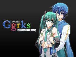 1boy 1girl aqua_eyes aqua_hair blood blue_eyes blue_hair blue_scarf detached_sleeves ggrks_(vocaloid) google hair_ornament hatsune_miku headphones headset kaito_(vocaloid) long_hair necktie pleated_skirt salovesy scarf short_hair skirt spork spring_onion sweat twintails very_long_hair vocaloid