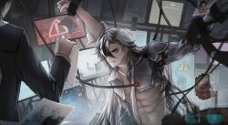 Rule 34 | 2boys, abs, absurdres, angry, black eyes, black hair, black jacket, blazer, boothill (honkai: star rail), bright pupils, cable, clenched teeth, collared shirt, cuffs, cyborg, experiment, eyelashes, furrowed brow, hair over one eye, half-shirt, highres, holding, holding paper, holographic monitor, honkai: star rail, honkai (series), indoors, jacket, laboratory, layered sleeves, light particles, long hair, long sleeves, looking at another, male focus, meng qiao, multicolored hair, multiple boys, navel, paper, pectoral cleavage, pectorals, photo (object), red pupils, restrained, shackles, shirt, short hair, sign, solo focus, stomach, streaked hair, teeth, torn clothes, torn shirt, two-tone hair, very long hair, warning sign, white hair, white shirt