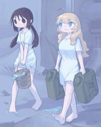 2girls artist_name barefoot black_eyes black_hair blonde_hair blue_eyes bucket bucket_of_water carrying chito_(shoujo_shuumatsu_ryokou) dress highres jerry_can kurohanenone looking_at_another low_twintails multiple_girls outdoors shirt short_sleeves shoujo_shuumatsu_ryokou spilling twintails white_dress white_shirt yuuri_(shoujo_shuumatsu_ryokou)