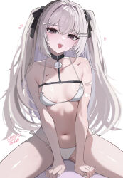 Rule 34 | 1girl, absurdres, acedia (vtuber), bandaid, bandaid on arm, bare arms, bare shoulders, bell, between legs, bikini, birthday, black choker, bone hair ornament, breasts, brown eyes, chest belt, choker, collarbone, colored inner hair, commentary, fang, fingernails, hair ornament, hair ribbon, hairclip, hand between legs, head tilt, heart, highres, indie virtual youtuber, jingle bell, kkato, long hair, looking at viewer, multicolored hair, navel, open mouth, parallel hairclips, ribbon, side-tie bikini bottom, simple background, sitting, small breasts, smile, solo, spread legs, stomach, string bikini, swimsuit, tattoo, thighs, twintails, two side up, virtual youtuber, white background, white bikini, white hair