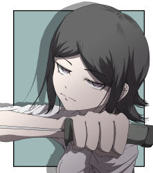 1girl black_hair border closed_mouth danganronpa:_trigger_happy_havoc danganronpa_(series) eyebrows eyelashes female_focus freckles green_background grey_eyes holding holding_knife holding_weapon ikusaba_mukuro knife looking_at_viewer mamidorikaeru solo weapon white_border