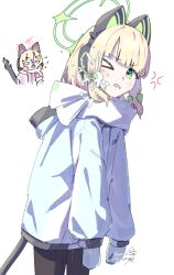&gt;_o 2girls anger_vein angry animal_ear_headphones animal_ears aqua_coat aqua_mittens artist_name black_pantyhose blonde_hair blue_archive bow cat_ear_headphones cat_tail chibi chibi_inset coat commentary_request cowboy_shot fake_animal_ears fake_tail flying_sweatdrops green_bow green_eyes green_halo hair_bow halo headphones hood hood_down hooded_coat light_blush long_sleeves looking_at_viewer low-tied_sidelocks medium_hair midori_(blue_archive) momoi_(blue_archive) multiple_girls o_o official_alternate_costume one_eye_closed open_mouth pantyhose pink_halo puffy_long_sleeves puffy_sleeves purple_coat red_bow scarf sidelocks signature simple_background snowball snowball_fight solo_focus surprised tail tail_raised turn_pale usaginoakubi802 v-shaped_eyebrows white_background white_scarf winter_clothes