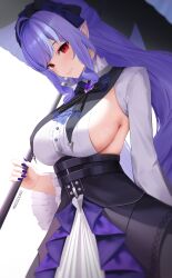 1girl absurdres ascot black_skirt breasts center_frills closed_mouth commentary dress english_commentary fingernails frills highres holding holding_umbrella large_breasts light_blush long_hair massoukei mole mole_under_eye nail_polish overskirt pointy_ears purple_ascot purple_hair purple_nails red_eyes sideboob sidelocks skirt smile solo sweat umbrella vivian_banshee white_dress zenless_zone_zero