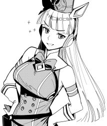 Rule 34 | 1girl, animal ears, belt pouch, blunt bangs, bow, bowtie, brown hat, dismassd, ear bow, ear covers, ear ribbon, gloves, gold ship (umamusume), greyscale, grin, hands on own hips, hat, highres, horse ears, horse girl, long hair, monochrome, o-ring, pillbox hat, pouch, purple bow, school uniform, smile, solo, sparkle, tracen school uniform, umamusume, white background, white gloves