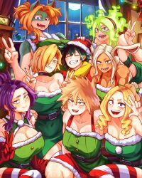 1boy 6+girls absurdres alternate_costume animal_ears bad_tag bakugou_mitsuki bare_shoulders belt black_choker black_hairband blonde_hair blue_eyes boku_no_hero_academia breasts burnin_(boku_no_hero_academia) choker christmas christmas_lights christmas_ornaments cleavage closed_eyes collarbone colored_skin commentary_request cosplay curtains dark-skinned_female dark_skin dress drill_hair drill_sidelocks fiery_hair freckles fur-trimmed_dress fur-trimmed_headwear fur_trim furry furry_female gloves glowing glowing_hair green_dress green_hair grin hair_between_eyes hair_over_one_eye hairband hand_on_another&#039;s_head hand_up hands_up harem hat headband hetero high_ponytail highres horizontal-striped_thighhighs huge_breasts indoors ippan_josei jewelry lady_nagant large_breasts long_hair looking_at_viewer mature_female medium_hair midoriya_izuku mirko moon mount_lady multicolored_hair multicolored_skin multiple_girls muscular muscular_female night notched_ear off-shoulder_dress off_shoulder open_mouth parted_bangs pink_hair ponytail purple_eyes purple_hair rabbit_ears rabbit_girl red_eyes red_gloves red_hat red_headband red_skirt red_suspenders ring ryuukyuu santa_costume santa_dress santa_hat scar scar_across_eye scar_on_face sharp_teeth short_hair sidelocks skirt sleeveless smile snout spanish_commentary spiked_hair streaked_hair striped_clothes striped_thighhighs suspenders tall_female teeth the_grinch the_grinch_(cosplay) thick_eyelashes thighhighs two-tone_hair two-tone_skin upper_teeth_only uraraka_ochaco v vlizz wedding_ring white_hair window yellow_eyes yellow_skin
