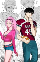 2boys 2girls alien_stage american_football american_football_uniform anger_vein animal_print bag ball belt black_eyes blue_hair blue_pants blue_shorts blush bra brown_belt chinese_commentary closed_eyes commentary_request cropped_hoodie ear_piercing earrings flower gradient_hair hairband heart heart_hands highres holding holding_ball hood hoodie ivan_(alien_stage) jersey jewelry leopard_print mizi_(alien_stage) multicolored_hair multiple_boys multiple_girls official_alternate_costume one_eye_closed pants piercing pink-framed_eyewear pink_hair pink_hoodie red_shirt rose shirt short_hair short_sleeves shorts shoulder_bag sparkle sparkling_aura sportswear sua_(alien_stage) sunglasses till_(alien_stage) tina15668 two-tone_hair underwear very_short_hair white_bra yellow_eyes