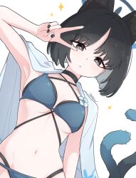 1girl absurdres animal_ears aqua_bikini arm_up armpits artist_name bikini black_choker black_hair blue_archive breasts cat_ears cat_tail choker fingernails halo haori highres japanese_clothes kikyou_(blue_archive) kikyou_(swimsuit)_(blue_archive) looking_at_viewer makuraapillow medium_breasts multiple_tails nail_polish navel official_alternate_costume short_hair signature simple_background solo sparkle stomach string_bikini swimsuit tail v v_over_eye white_background