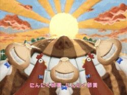 animated animated_gif bird checkit14 chicken garlic lowres music singing stop_motion_animation subtitled sun sunrise unconventional_media what