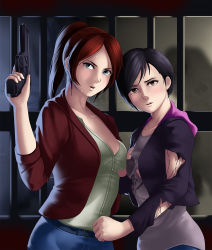Rule 34 | 2girls, asymmetrical docking, black hair, blue eyes, breast press, breasts, brown eyes, claire redfield, denim, dress shirt, gun, handgun, hood, hood down, hooded jacket, jacket, jeans, long hair, moira burton, multiple girls, nose, pants, parted bangs, parted lips, pistol, ponytail, red hair, resident evil, resident evil: revelations 2, shirt, short hair, small breasts, sweat, swept bangs, thor (deep rising), torn clothes, torn jacket, weapon