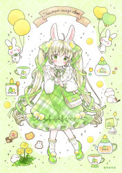 1girl animal_ears balloon bird checkerboard_cookie closed_mouth commentary_request cookie cup dandelion dress emo_(mikan) flower food full_body green_background green_bag green_dress green_eyes green_hair green_ribbon green_shoes green_socks green_theme hair_ribbon heart_balloon holding holding_balloon long_hair long_sleeves looking_at_viewer original rabbit rabbit_ears ribbon shoes smile socks solo spoon teabag teacup teapot twintails very_long_hair