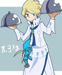 1boy blonde_hair blue_eyes chef chef clauncher creatures_(company) dadadanoda elite_four game_freak gen_6_pokemon lowres male_focus nintendo pokemon pokemon_(creature) short_hair siebold_(pokemon) sweatdrop