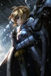1girl 6+others absurdres armor artoria_pendragon_(fate) blonde_hair blue_eyes braid braided_bun breastplate cape closed_mouth commentary english_commentary fate/grand_order fate/stay_night fate_(series) full_armor fuzumie gauntlets hair_bun helm helmet highres holding holding_polearm holding_weapon knight looking_ahead multiple_others planted planted_sword planted_weapon plate_armor polearm rain sword weapon