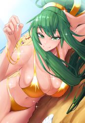 2girls alternate_costume armpits beach bikini bracelet breasts character_request cleavage crab female_focus fire_emblem fire_emblem_awakening gold_bikini golden_week golden_week_bikini green_eyes green_hair highres jewelry large_breasts long_hair lying matching_hair/eyes multiple_girls navel nintendo nowi_(fire_emblem) ocean on_side outdoors pointy_ears sand sideboob skindentation smile solo_focus sweat swimsuit thighs tiki_(fire_emblem) ttikhii very_long_hair wet