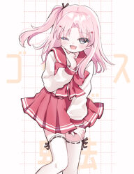 Rule 34 | 1girl, ;d, black ribbon, blush, bow, commentary request, dotted line, fang, grey eyes, hair ornament, hair ribbon, hairclip, highres, long hair, long sleeves, looking at viewer, maaryan (to heart), ni kiro, one eye closed, one side up, open mouth, parted bangs, pleated skirt, puffy long sleeves, puffy sleeves, red bow, red sailor collar, red skirt, ribbon, ribbon-trimmed thighhighs, ribbon trim, sailor collar, school uniform, serafuku, shirt, skirt, smile, solo, text background, thighhighs, to heart (series), to heart 2, translation request, white background, white shirt, white thighhighs