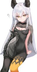 Rule 34 | 1girl, absurdres, bodysuit, breasts, cape, cleavage, grey cape, highres, horns, krabking, long hair, looking at viewer, mechanical arms, medium breasts, original, simple background, single mechanical arm, sitting, solo, tail, thigh strap, two-tone bodysuit, white background, white hair, yellow eyes
