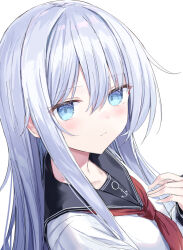 1girl anchor_symbol black_sailor_collar blue_eyes blue_hair hibiki_(kancolle) highres kantai_collection long_hair looking_at_viewer neckerchief red_neckerchief sailor_collar sailor_shirt school_uniform serafuku shikuro_(iorimiyakiyo) shirt simple_background solo upper_body white_background white_shirt