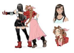 2girls aerith_gainsborough bandaged_hand bandages bangle black_bra black_gloves black_skirt black_thighhighs boots bra bracelet braid braided_ponytail breasts brown_footwear brown_hair choker cleavage closed_mouth crop_top cropped_jacket dress earrings elbow_gloves elbow_pads facing_away final_fantasy final_fantasy_vii final_fantasy_vii_rebirth final_fantasy_vii_remake fingerless_gloves from_behind full_body gloves green_eyes grin hair_bobbles hair_ornament hair_ribbon hair_tie hand_on_own_hip highres hitchhiking imitating jacket jewelry long_dress long_hair low-tied_long_hair materia medium_breasts midriff miniskirt multiple_girls outstretched_arm parted_bangs pink_dress pink_ribbon puffy_short_sleeves puffy_sleeves red_eyes red_footwear red_gloves red_jacket ribbon ribbon_choker shirt short_sleeves sidelocks single_braid single_elbow_pad skirt sleeveless sleeveless_shirt smile sports_bra suspenders swept_bangs teeth thighhighs thumbs_up tifa_lockhart underwear unlckdrat upper_body wavy_hair white_background white_shirt