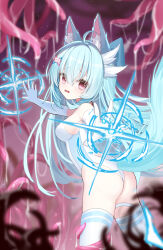 absurdres ahoge animal_ear_fluff ass axolotl_hair_ornament bare_shoulders blue_hair commentary_request elbow_gloves gloves highres long_hair looking_at_viewer magic_circle magical_girl one-piece_swimsuit original red_eyes swimsuit tentacle_pit tentacles thighhighs very_long_hair white_gloves white_one-piece_swimsuit white_thighhighs wlswlp