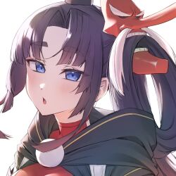 1girl black_hair black_jacket blue_eyes blush breasts commentary fate/grand_order fate_(series) highres jacket long_hair looking_at_viewer mask medium_breasts one-piece_swimsuit open_mouth parted_bangs pinta_(ayashii_bochi) red_one-piece_swimsuit side_ponytail sidelocks solo swimsuit tengu_mask ushiwakamaru_(fate) ushiwakamaru_(swimsuit_assassin)_(fate) ushiwakamaru_(swimsuit_assassin)_(third_ascension)_(fate) very_long_hair