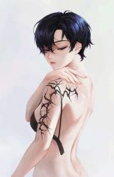 1girl absurdres arm_tattoo back bare_arms black_bra blue_eyes blue_hair bra breasts closed_mouth copyright_request ear_piercing eyelashes fingernails from_behind hair_between_eyes half-closed_eyes hand_on_own_shoulder hand_up highres looking_at_viewer looking_away looking_back looking_down no_shirt open_bra piercing purple_eyes short_hair simple_background solo tanna tattoo thorns underwear underwear_only undressing unfastened upper_body white_background