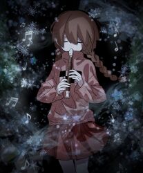 1girl absurdres black_background braid brown_hair closed_eyes cowboy_shot dot_nose flute highres holding holding_flute holding_instrument instrument kaitenta1 long_hair long_sleeves low_twin_braids madotsuki music musical_note pink_sweater playing_flute playing_instrument red_skirt skirt snowflakes solo star_(symbol) sweater turtleneck turtleneck_sweater twin_braids yume_nikki