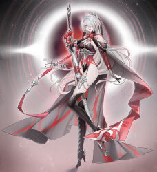 1girl acheron_(honkai:_star_rail) alternate_costume artist_name bare_shoulders black_boots black_gloves black_hole black_veil boots breasts bridal_veil character_name cleavage criss-cross_halter detached_sleeves earrings full_body gloves hair_ornament hair_over_one_eye halterneck high_heel_boots high_heels highleg highleg_leotard highres holding holding_sword holding_weapon honkai:_star_rail honkai_(series) instagram_logo jewelry katana leg_up leotard long_hair looking_at_viewer multicolored_hair parted_lips patreon_logo princess_ailish red_eyes scabbard sheath signature solo standing standing_on_one_leg streaked_hair sword thighs twitter_logo typo veil watermark weapon white_hair