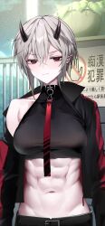 Rule 34 | 1girl, abs, artist request, breasts, cross, cross earrings, ear piercing, ear piercings, earrings, fangs, groin, highres, horns, imp, indie virtual youtuber, jewelry, large breasts, midriff, navel, piercing, pointy ears, red eyes, rinkya, screencap, tagme, virtual youtuber