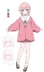 1girl absurdres black_ribbon blue_eyes blush bobby_socks braid brown_shoes cardigan collarbone commentary_request double-parted_bangs frilled_sleeves frills full_body hair_between_eyes highres long_hair long_sleeves low_twin_braids mary_janes mochigome_(ununquadium) multiple_expressions neck_ribbon original pink_cardigan pink_hair pleated_skirt red_skirt reference_sheet ribbon sailor_collar shirt shoes sidelocks simple_background skirt sleeves_past_wrists smile socks solo standing translation_request twin_braids white_background white_sailor_collar white_shirt white_socks wide_sleeves