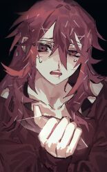 1girl black_background blood collarbone dandruff flaky_(happy_tree_friends) glass_shard glass_shards hair_between_eyes happy_tree_friends highres holding_glass_shard humanization injury long_hair nosebleed red_eyes red_hair simple_background solo sweatdrop yadu_nadu