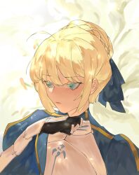 1girl ahoge artoria_pendragon_(fate) blonde_hair blue_eyes bun_with_braided_base fate/grand_order fate_(series) hair_bun highres looking_at_viewer portrait saber_(fate) single_hair_bun solo yinggu