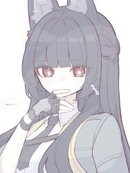 1girl absurdres animal_ear_fluff animal_ears aqua_jacket black_gloves black_hair black_necktie blunt_bangs collared_shirt fingerless_gloves fox_ears fox_girl gloves highres hoshimi_miyabi jacket long_hair necktie red_eyes shirt simple_background single_fingerless_glove upper_body white_shirt zenless_zone_zero zzzii0